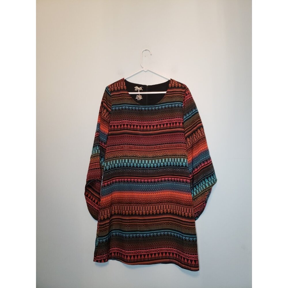Rock 47 Wrangler Women M Dress Flare Sleeve Aztec Print Western Boho Orange Blue